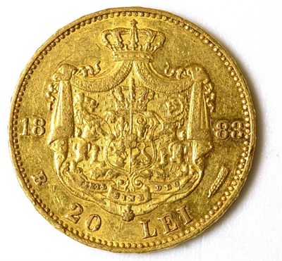 Lot 154 - Rumania, Gold 20 Lei 1883B, 6.44g .900 gold; minor marks/hairlines & two small rev rim nicks at 7 &