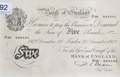 Lot 192 - Bank of England White £5 Beale, London 23 December 1949, virtually UNC