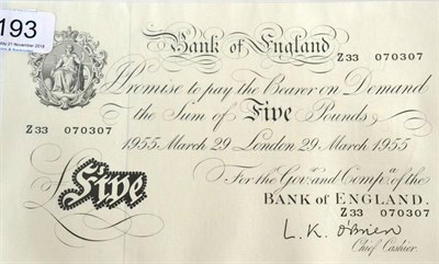 Lot 193 - Bank of England White £5 O'Brien, London 29 March 1955, virtually UNC