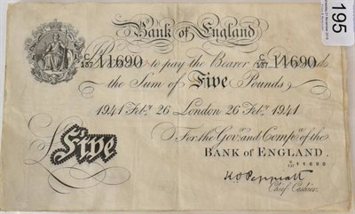 Lot 195 - Bank of England, White £5 notes, Peppiatt, London (6); Aug 3 1938, B/254, creases and handling...