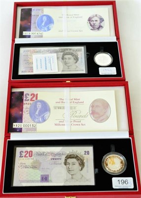 Lot 196 - 2 x Bank of England £20 & Royal Mint Silver Proof Crown Sets comprising: (1) £20 last Faraday...