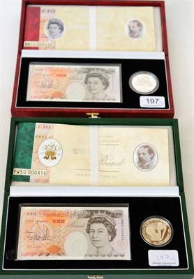 Lot 197 - 2 x Bank of England £10 & Royal Mint Silver Proof Crown Sets comprising: (1) £10 Dickens rev,...