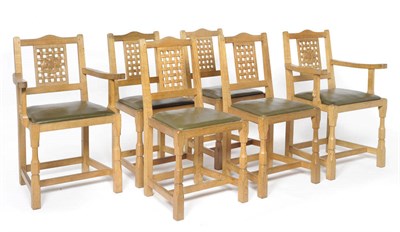 Lot 1698 - A Set of Six (4+2) Colin "Beaverman" Almack Oak Lattice Back Dining Chairs, green leather seats, on