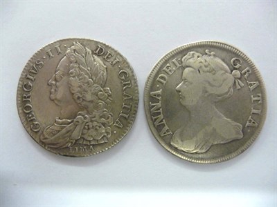 Lot 28 - 2 x Halfcrowns: Anne 1714 D.TERTIO roses and plumes, numerous hairlines, VG to AFine; and George II
