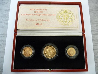 Lot 41 - Gold Proof 3-Coin Set 1989, comprising: double sovereign, sovereign and half sovereign "500th...