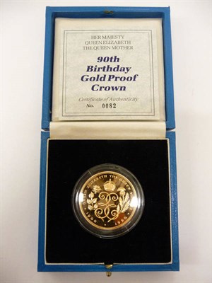 Lot 42 - Gold Proof Crown 1990, "Queen Mother's 90th Birthday", weight 39.9g (1.1775oz gold), with...