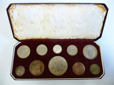 Lot 50 - Proof Set 1953, 10 coins farthing to crown in CofI, inner white satin lining in poor condition,...