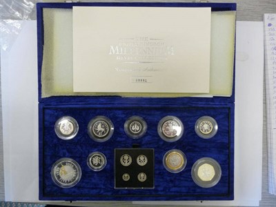 Lot 68 - Millennium Silver Proof Set 2000, 9 coins 1p to £5 plus Maundy coins 4p - 1p (13 coins in total)