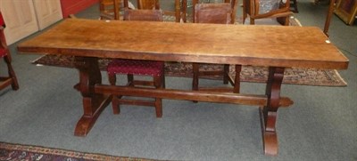 Lot 1725 - A Thomas "Gnomeman" Whittaker Oak 7ft Refectory Table, with shaped supports joined by a...