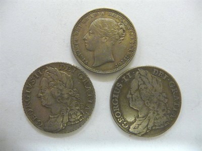 Lot 156 - 3 x Shillings, 1743 AFine/Fine, 1758 VF and 1868 die 6 VF+