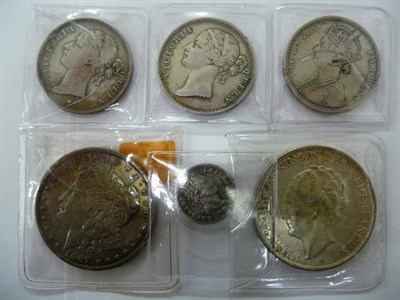 Lot 159 - 6 x Foreign Silver Coins, India 3 x rupees 1840 (x2) and 1888; Netherlands 2 1/2 guilders 1938,...