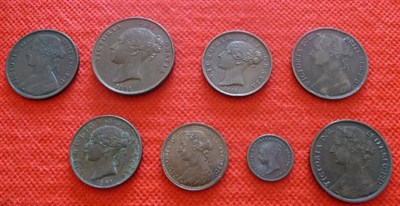 Lot 99 - Victoria 8 x Copper/Bronze Coins, comprising: 4 x pennies - 1841 OT no colon after "REG", marks...