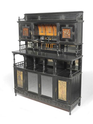 Lot 1743 - An Aesthetic Movement Ebonised and Gilt Painted Cabinet, the upper section with open gallery...