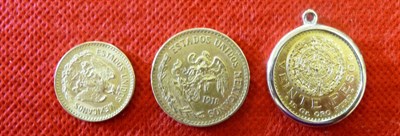 Lot 108 - Mexico 2 x Gold 20 Pesos, 1918 (one in mount) and Gold 10 Pesos, 1959 (restrike), gross weight...