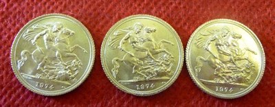 Lot 131 - 3 x Sovereigns, all 1974, EF or +