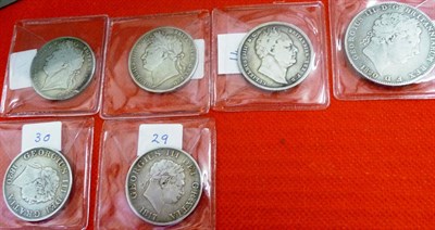 Lot 191 - Crown 1820 LX and 5 x Halfcrowns, - 1817 (small head), 1820 (Geo III), 1820 (Geo IV), 1823 (2nd...