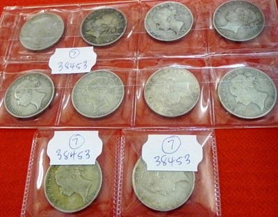 Lot 214 - Victoria 10 x Young Head Halfcrowns, 1842/44/76/77/78/81/82/84/85/86, various grades Fair (1885) to