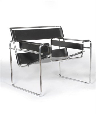 Lot 1757 - A Cassina Wassily Chair, Model No. B3, designed by Marcel Breuer, bent chrome-plated tubular...