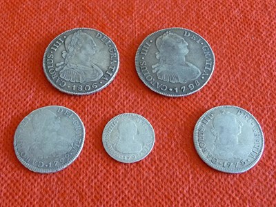 Lot 315 - 5 x Spanish Colonial Silver Coins - Guatemala 4 reales 1798M (obv. "IIII") scarce and 1 real 1793M