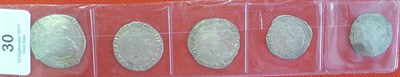 Lot 30 - Charles I Halfcrown, MM triangle, rough ground under horse; 2 x Shillings, MM tun and MM crown; 2 x