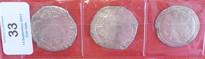 Lot 33 - Charles I 3 x Halfcrowns, MM tun, clipped but good horseman, MM triangle in circle, weakly...