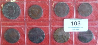 Lot 103 - 8 x Copper and Gun Metal Coins, comprising: halfpenny 1724 bust Fair otherwise VG; 3 x...