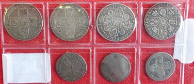 Lot 124 - 4 x Shillings: 1743, 1745 LIMA, 1758 and 1787 no hearts Fine to VF; and 3 x Sixpences: 1696y...