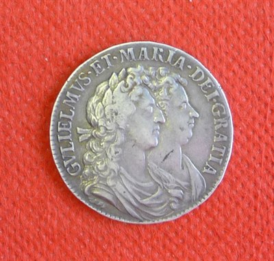 Lot 131 - William and Mary Halfcrown 1689, PRIMO 2nd rev., caul only frosted, pearls, minor flecking...