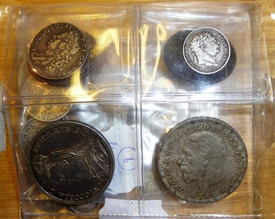 Lot 162 - 6 x English Silver Coins: shilling 1758 lustrous VF+; sixpence 1820 Fine; crown and halfcrown...