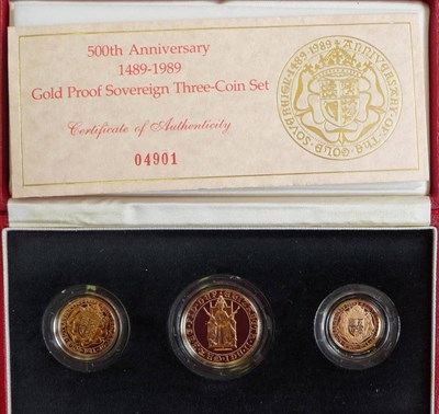 Lot 183 - Gold Proof 3-Coin Set 1989 "500th Anniversary of the Sovereign 1489-1989", comprising double...