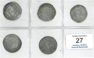 Lot 27 - Elizabeth I: Sixpence 1572 MM ermine, inverted 2 in date, Sixpence 1587/6 obv. MM crescent and rev.