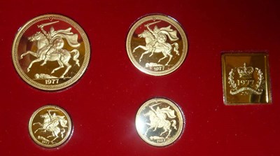 Lot 117 - Isle of Man Gold Proof Set 1977, £5, £2, sovereign & half sovereign, with certificate, in...