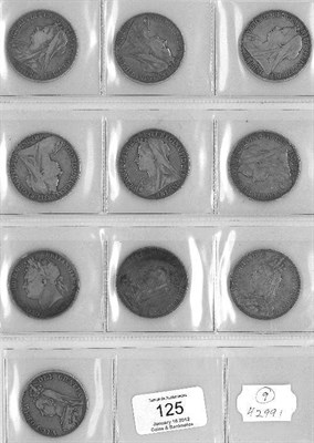 Lot 125 - 9 x Crowns: 1821 SECUNDO, 1889(x2), 1893 LV1, 1895 LVlll, 1896 L1X, 1896 LX, 1898 LXll, 1899...