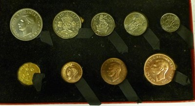 Lot 131 - Proof Set 1950, 9 coins farthing to halfcrown, in original red BofI, some very light toning...