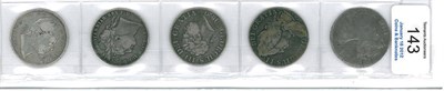 Lot 143 - 5 x Halfcrowns: 1706 QVINTO, roses and plumes, rev. remnants of old mount on Irish crown but no...