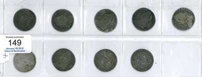 Lot 149 - 9 x Shillings: 1723 SSC 1st bust, bust Fair otherwise Fine, 1723 SSC 2nd bust VG/ AFine, 1734...