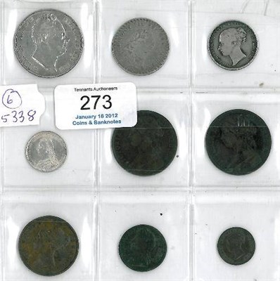 Lot 273 - 9 x Miscellaneous English Silver and Bronze Coins comprising: William IV halfcrown 1836; 1s 6d bank