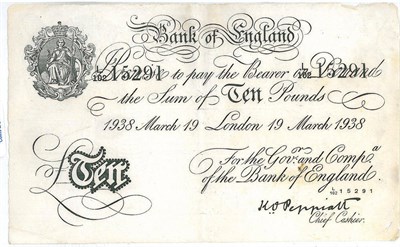 Lot 281 - White £10 Peppiatt, London 19 March 1938, L/102 15291, Bernhard FORGERY, pinholes and a few tiny