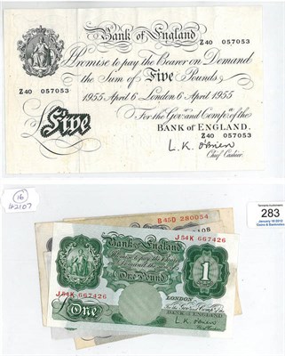 Lot 283 - Collection of English Banknotes, comprising: white £5 O'Brien 6 April 1955 (Z40) AEF; 4 x...