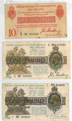 Lot 284 - 3 x Treasury Notes: 10 shillings Bradbury 2nd issue, S1/2 No 010565, £1 Bradbury 3rd issue...