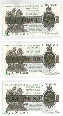 Lot 299 - 3 x Consecutively Numbered £1 Treasury Notes, Warren Fisher 2nd issue (1923), J1/31 217640 -...