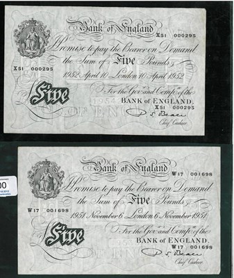 Lot 300 - 3 x White £5 Beale: London Nov 6 1951 (W17), London June 25 1952 (Y16) and London April 10...