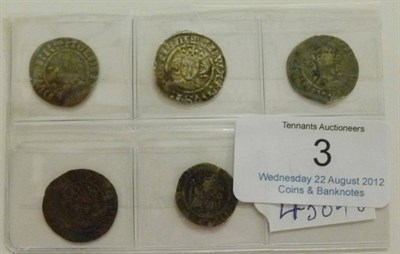 Lot 3 - 5 x Hammered Silver Pennies:  Edward II Berwick on Tweed Mint, rev. colon before VIL, bust weak...