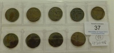 Lot 37 - 8 x Farthings:  Charles II 1672 obv. die flaw AFine, 1673 Fair,  1674 VG/Fair, 1675 AFine;  William