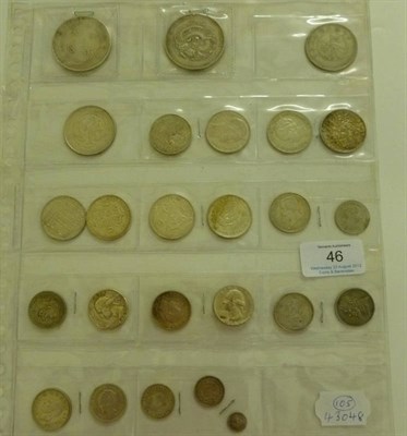 Lot 46 - 25 x Foreign Silver Coins,  gross weight 221g, including: China 2 x dollars: Kiangnan Province...