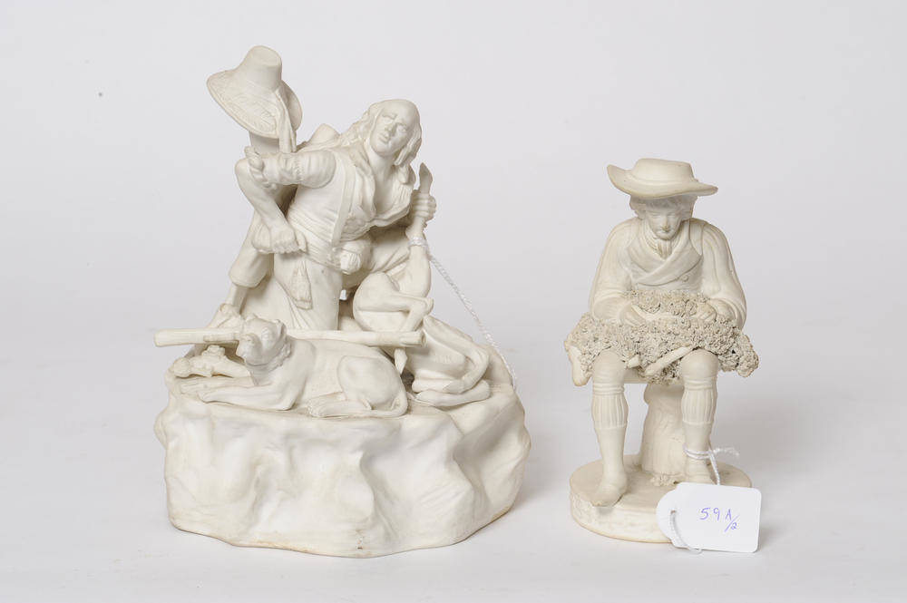 Lot 59 - An English Unglazed Porcelain Group of a Deer Hunter with Prey and Bull Mastiff, circa 1860,...