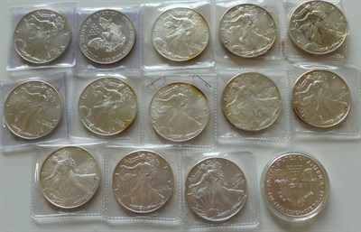 Lot 77 - USA 14 x 1oz Silver Eagles : 1996/97/98 and 2000-2008 inclusive (2 x 2000 and 2 x 2003), some...