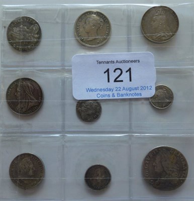 Lot 121 - 6 x Maundy Odds: Charles 11 3d 1680, mount removed at 12 and 6 o'clock, 3 x 4d 1840, 1888 and 1899