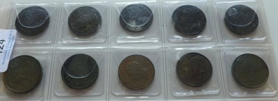 Lot 124 - 10 x Halfpennies:  1694, 1723, 1736, 1753, 1772, 1799, 1807, 1826, 1834 and 1853 various grades...