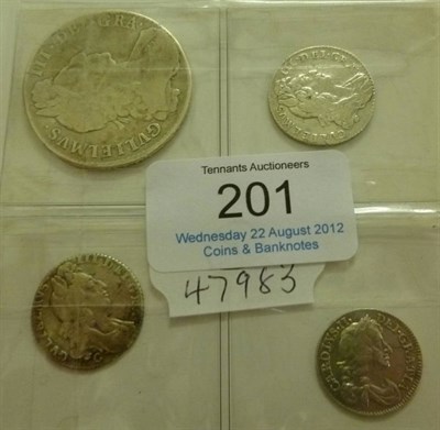 Lot 201 - William III Halfcrown 1697 NONO, 1st bust, large shields, hairlines, rev. centre worn and bust...